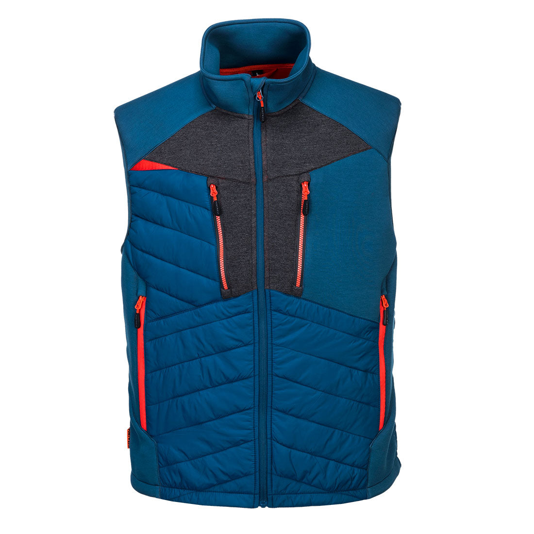 Portwest DX4 Hybrid Baffle Gilet in metro blue with contrast panels and orange zipper details, front view.