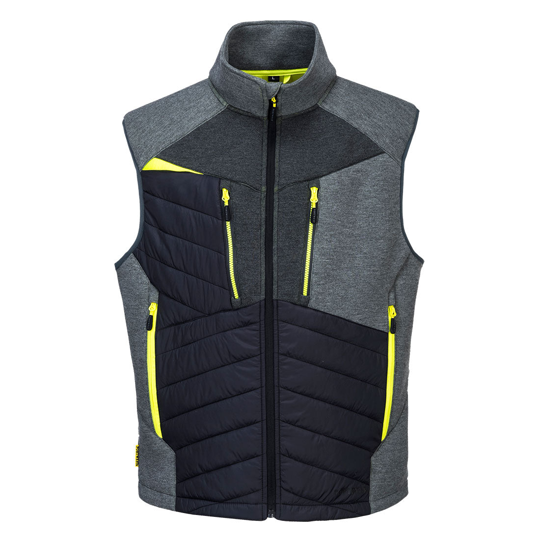 Portwest DX4 Hybrid Baffle Gilet in metal grey with black quilted panels and yellow zipper accents, front view.