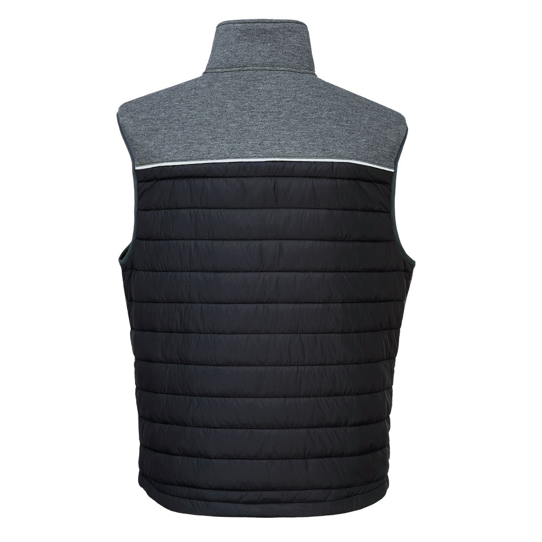 Back view of Portwest DX4 Hybrid Baffle Gilet in metal grey with quilted lower section and soft upper panel.
