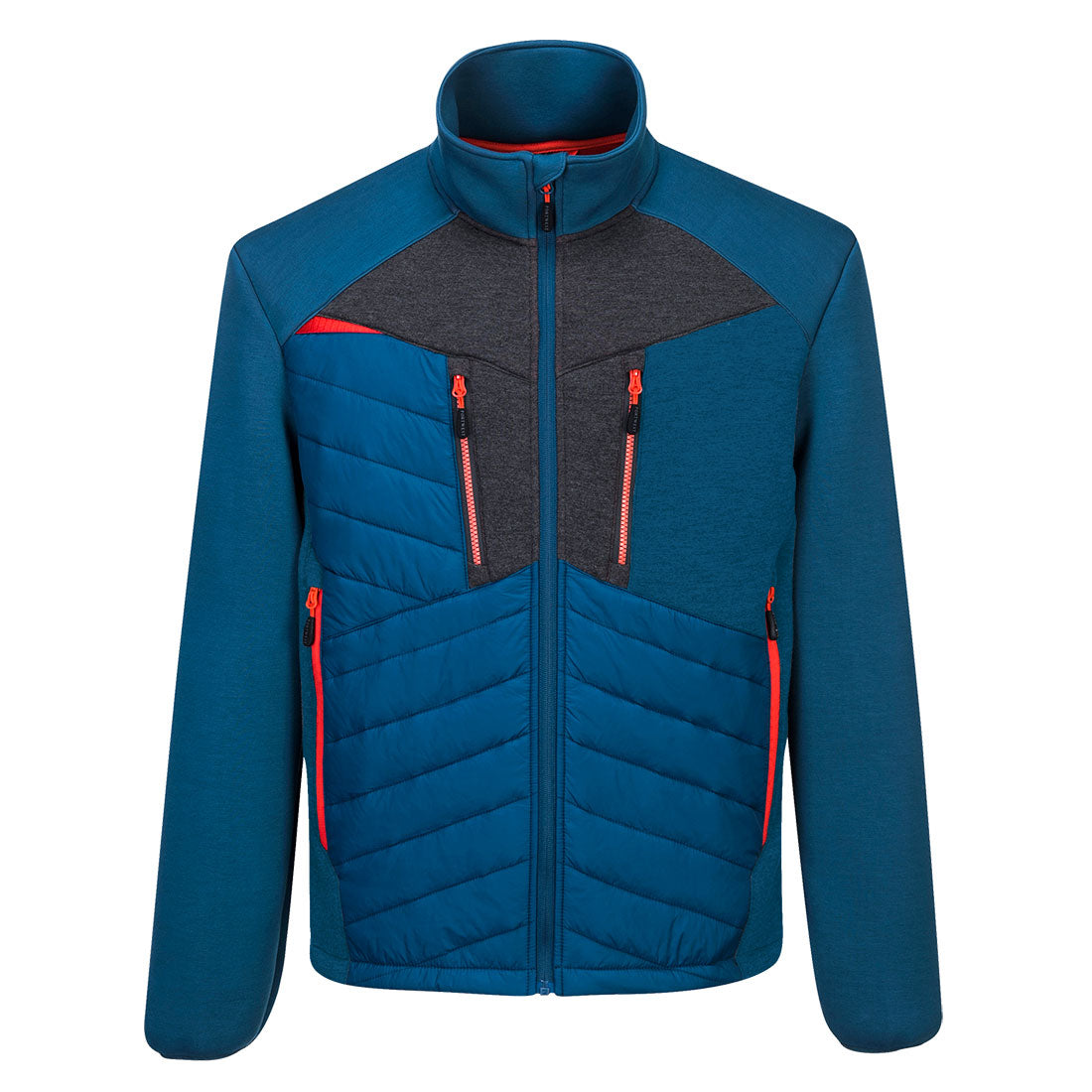 Portwest DX4 Hybrid Baffle Jacket in blue with padded panels, grey chest detail, and orange zipper accents.
