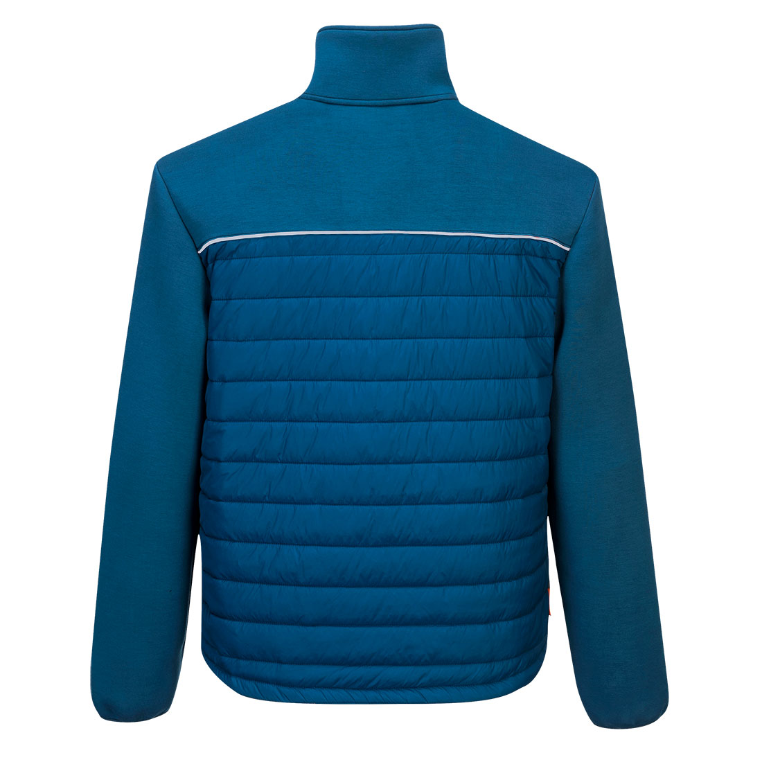 Back view of Portwest DX4 Hybrid Baffle Jacket in blue with quilted lower back and smooth sleeves.