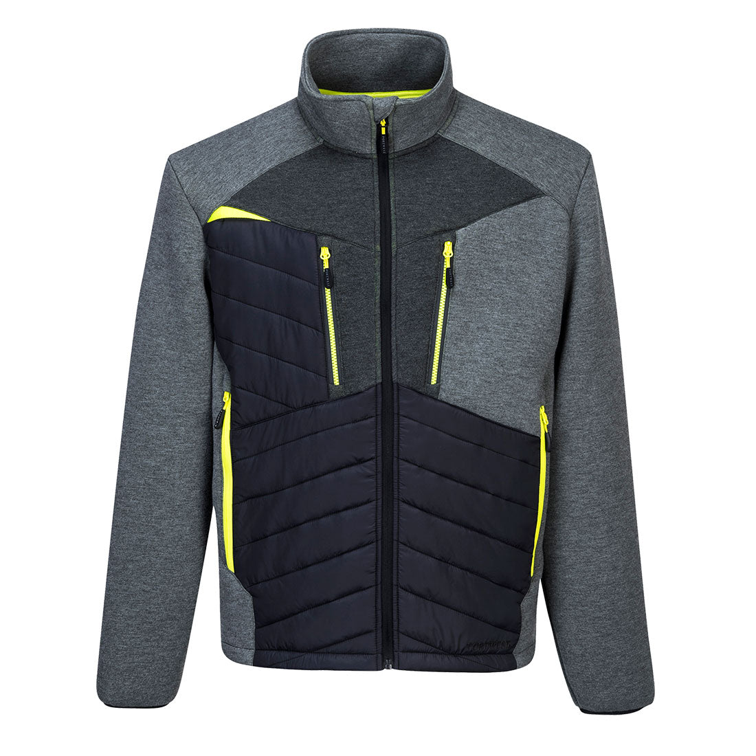 Portwest DX4 Hybrid Baffle Jacket in grey with black padded panels and yellow zipper accents, front view.