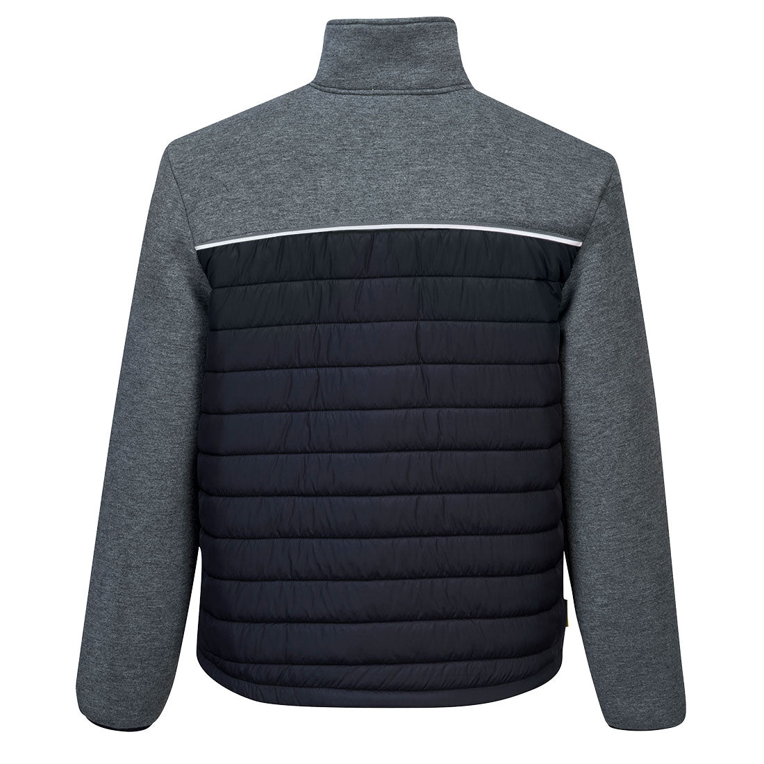 Back view of Portwest DX4 Hybrid Baffle Jacket in grey with quilted black lower back panel and high collar