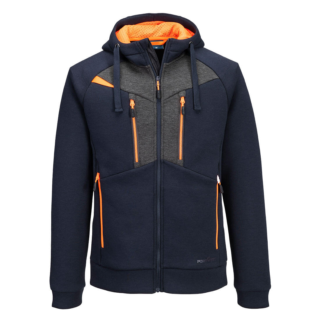 Portwest DX4 zipped hoodie in dark navy with grey panels, orange zippers, and an orange-lined hood.