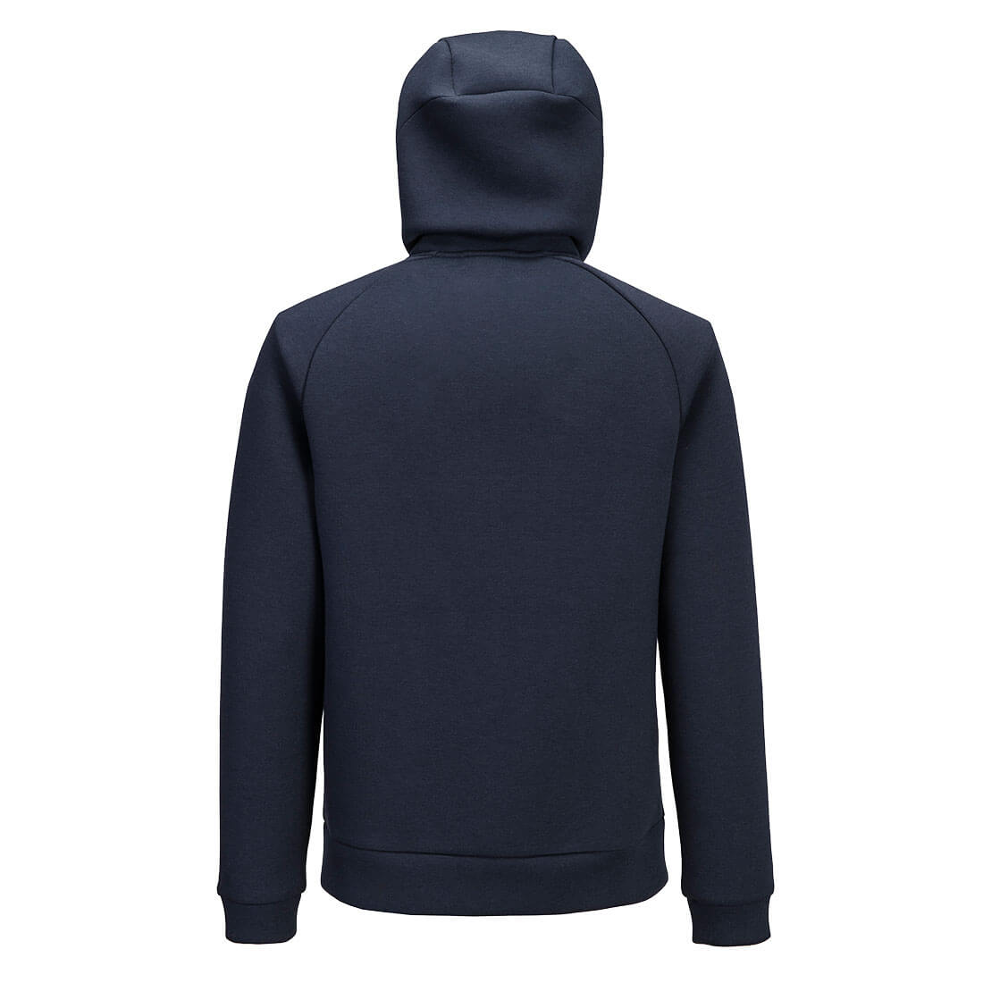 Back view of Portwest DX4 Hoodie in dark navy with hood and long sleeves.
