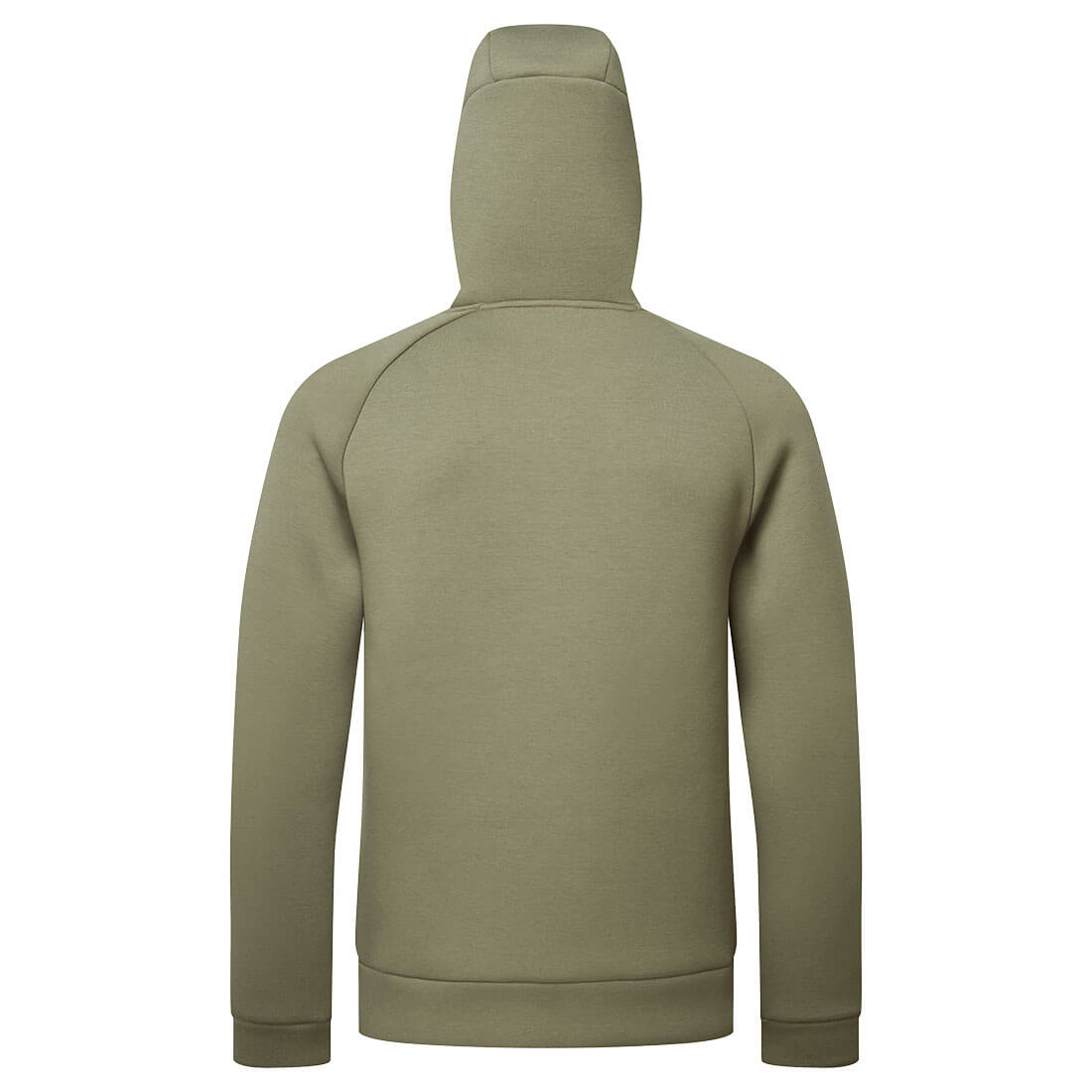 Back view of Portwest DX4 Hoodie in moss green with long sleeves and hood.
