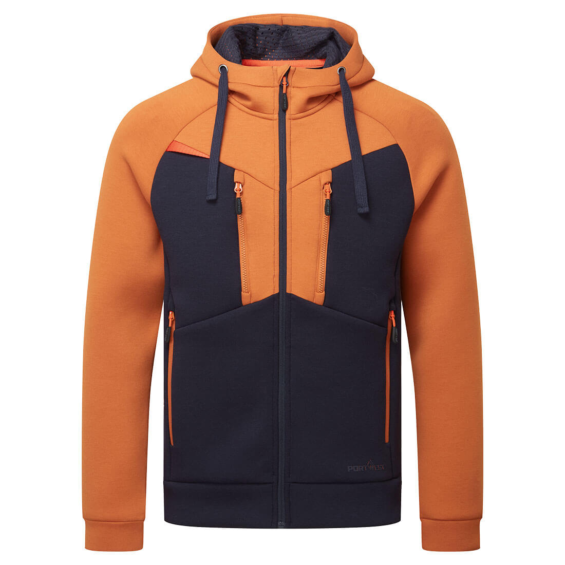 Portwest DX4 Hoodie in dark rust and navy with front zip and four zippered pockets.