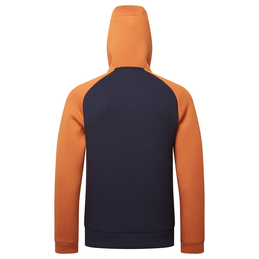 Portwest DX4 Hoodie in dark rust with navy back, shown from the rear with hood up.