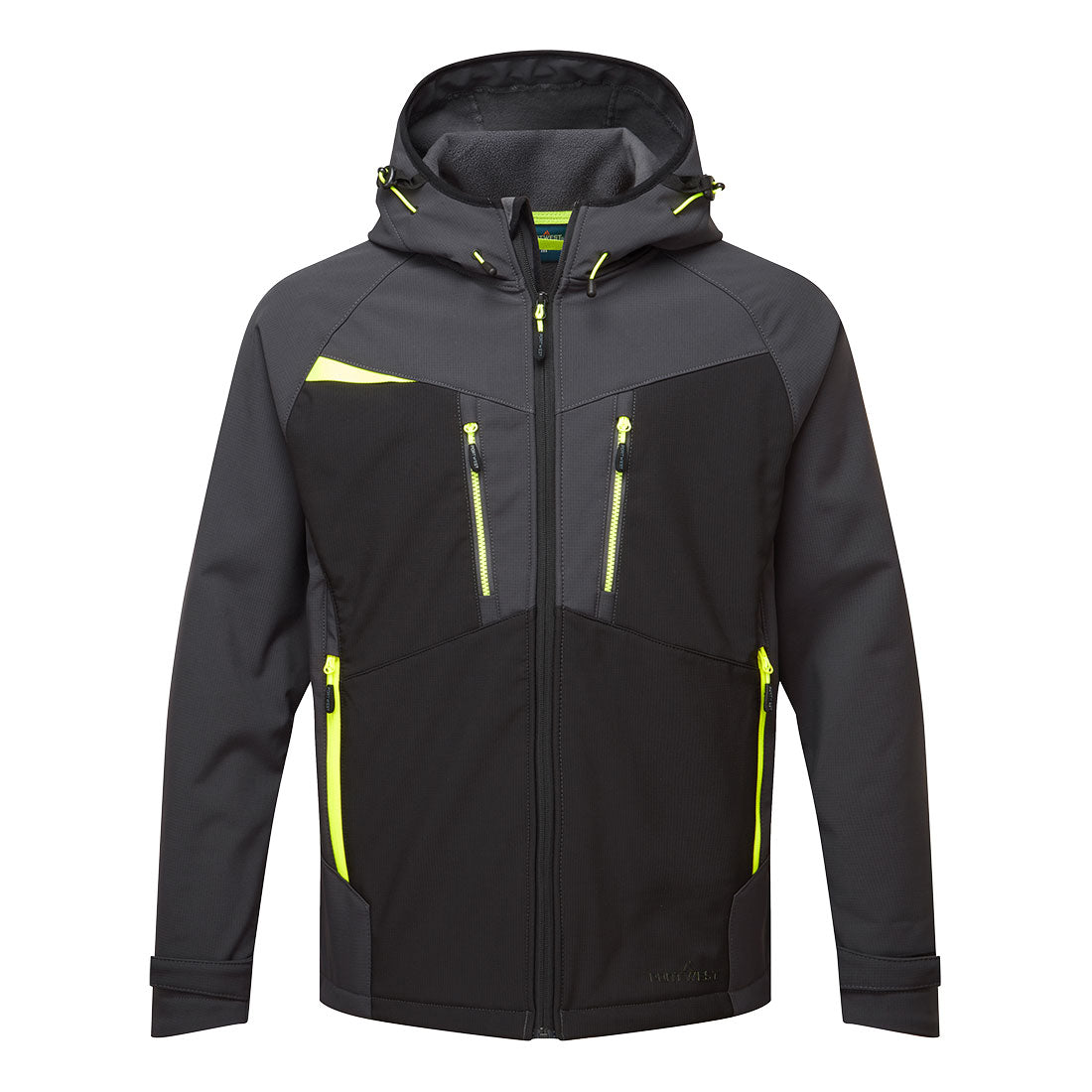 Portwest DX4 Hooded Softshell Jacket in metal grey with black panels and neon yellow zipper accents, front view.