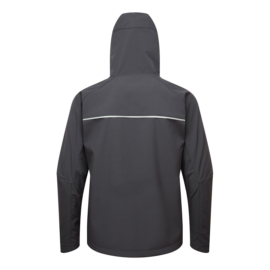 Portwest Softshell Jacket in metal grey shown from the back with hood and reflective strip across shoulders.
