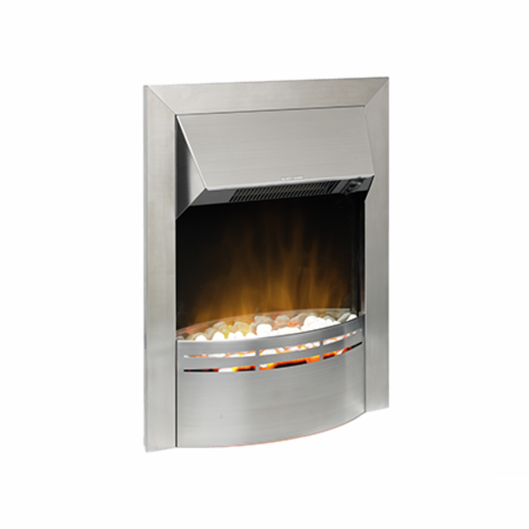 Dimplex 2kW Electric Inset Fire in silver with realistic flame effect and pebble fuel bed, front view.