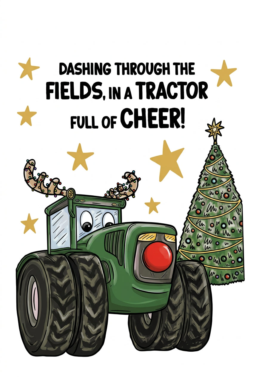 A printed greeting card or art print featuring a cartoon green tractor with antlers, a decorated Christmas tree, gold stars, and the text, 'Dashing through the fields, in a tractor full of cheer!'.