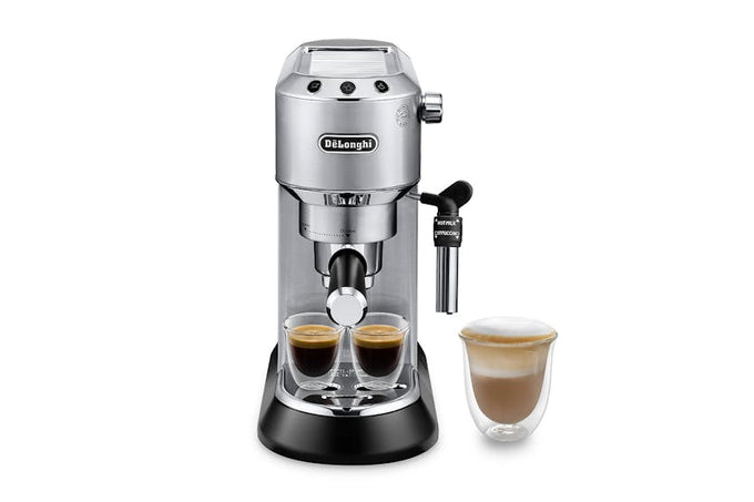 DeLonghi Dedica Style Espresso & Cappuccino Machine, metal, milk frother, push button, 1300W – Keans Claremorris