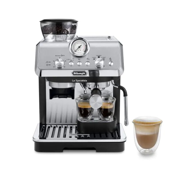 De'Longhi espresso machine with two cups of coffee on a white background - Black Friday Sale Coffee Machines