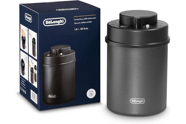 DeLonghi 1.5L vacuum coffee canister, black stainless steel, keeps coffee fresh, holds 500g beans – Keans Claremorris