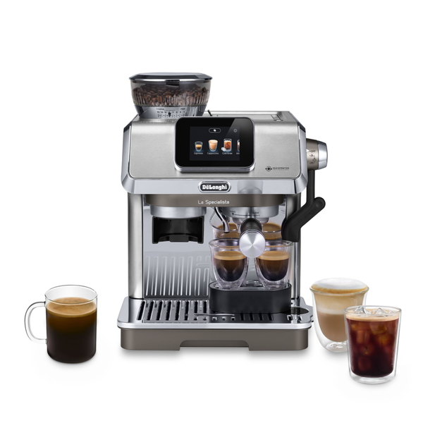 A De'Longhi La Specialita automatic espresso machine in stainless steel, shown with a bean hopper, three small espresso cups, a glass mug of espresso, and a glass of iced latte on a white background.