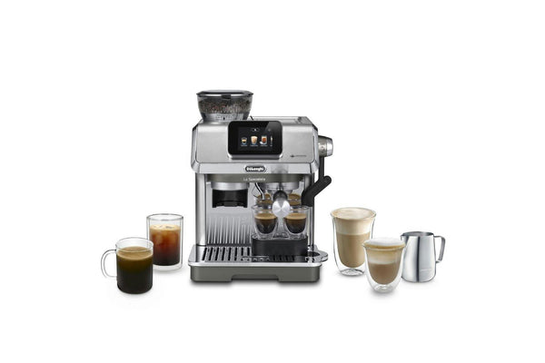 De'Longhi La Specialista Touch espresso machine in stainless steel with touchscreen and five coffee drinks displayed around