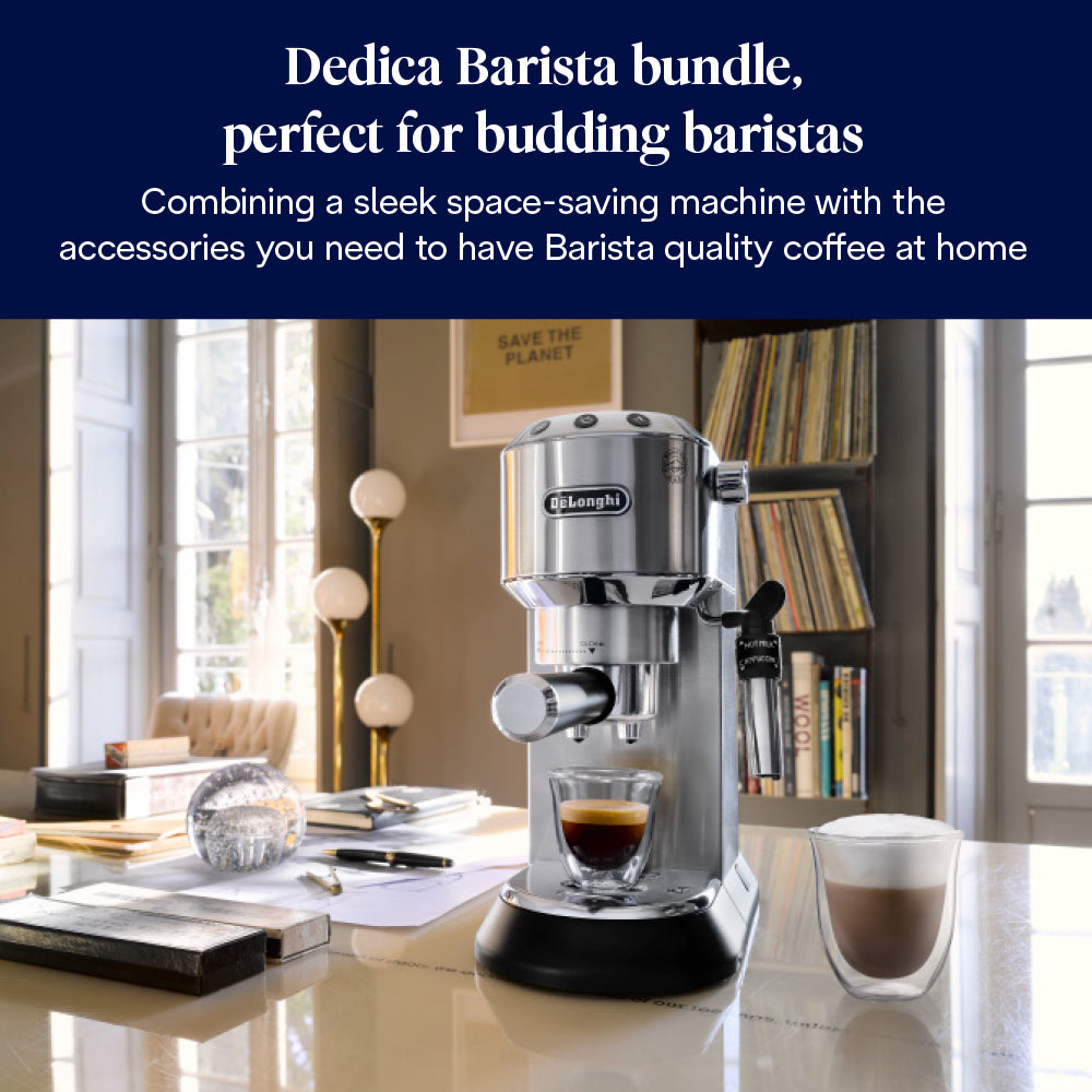 Delonghi Dedica Pump Coffee Machine with espresso shot and frothy cappuccino on a kitchen table.