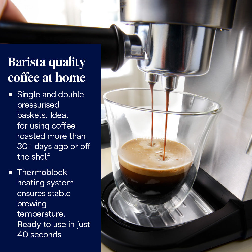 Delonghi Dedica Pump Coffee Machine pouring espresso into a clear double-walled glass cup.