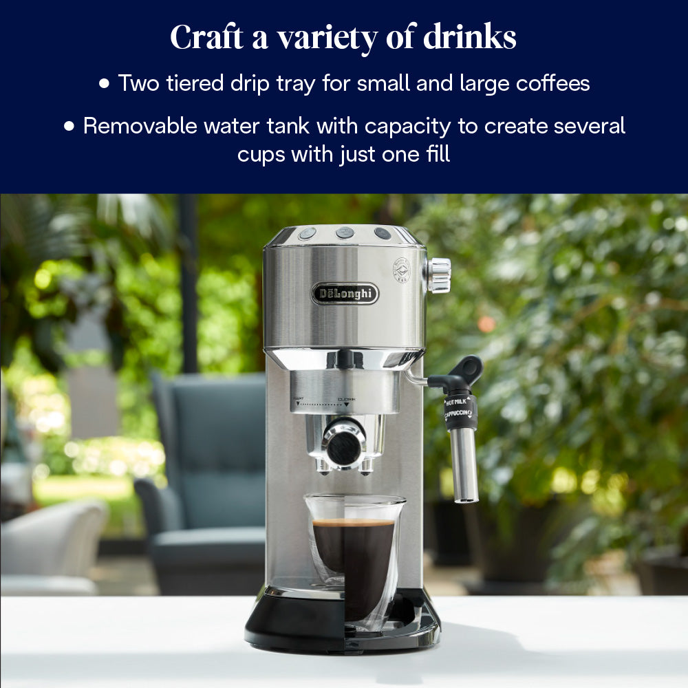 Delonghi Dedica Pump Coffee Machine with glass of espresso on drip tray, set against blurred indoor plants background