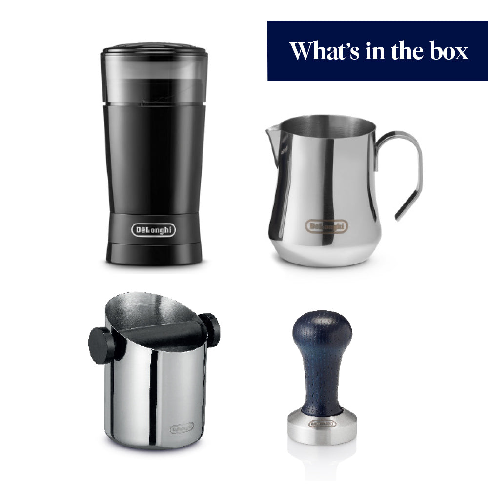 Delonghi Dedica coffee grinder, stainless steel milk jug, knock box, and tamper from bundle pack