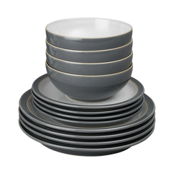 Denby Elements Fossil Grey 12 Piece Tableware Set with modern design, available at Keans Claremorris.