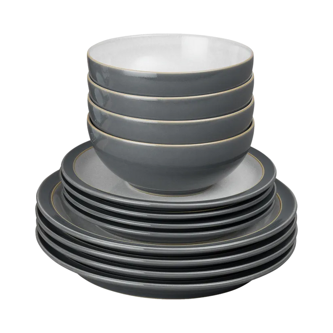 Denby Elements Fossil Grey 12 Piece Tableware Set with modern design, available at Keans Claremorris.