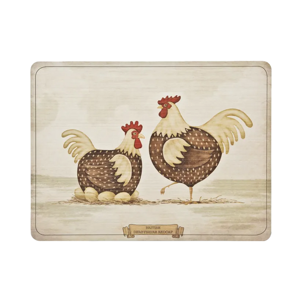 Set of 6 Denby Derbyshire Redcap placemats with cork backing and hen design, heat resistant, available at Keans Claremorris.