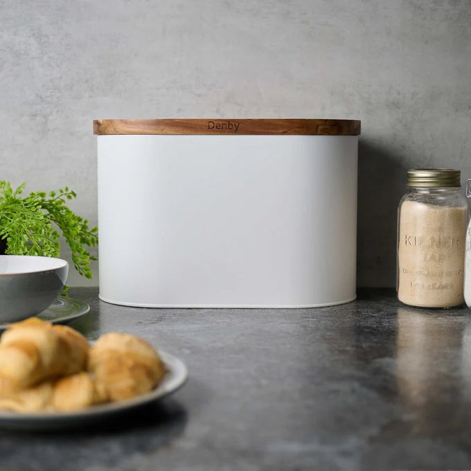 Denby White Bread Bin with Acacia Wood Lid - Stylish Kitchen Storage | Keans Claremorris