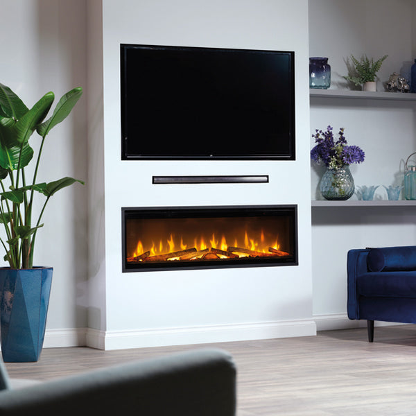 Dimplex Ignite Evolve 50" frameless electric fireplace with edge-to-edge frame installed in white wall below TV.