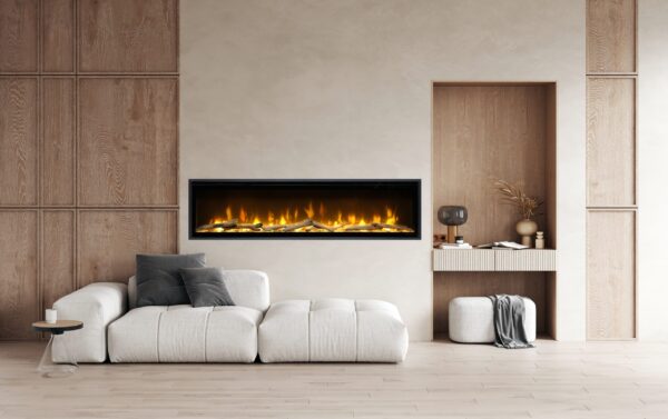 Dimplex Ignite Evolve 100" frameless electric fireplace with edge-to-edge flame display in a modern living room setting.