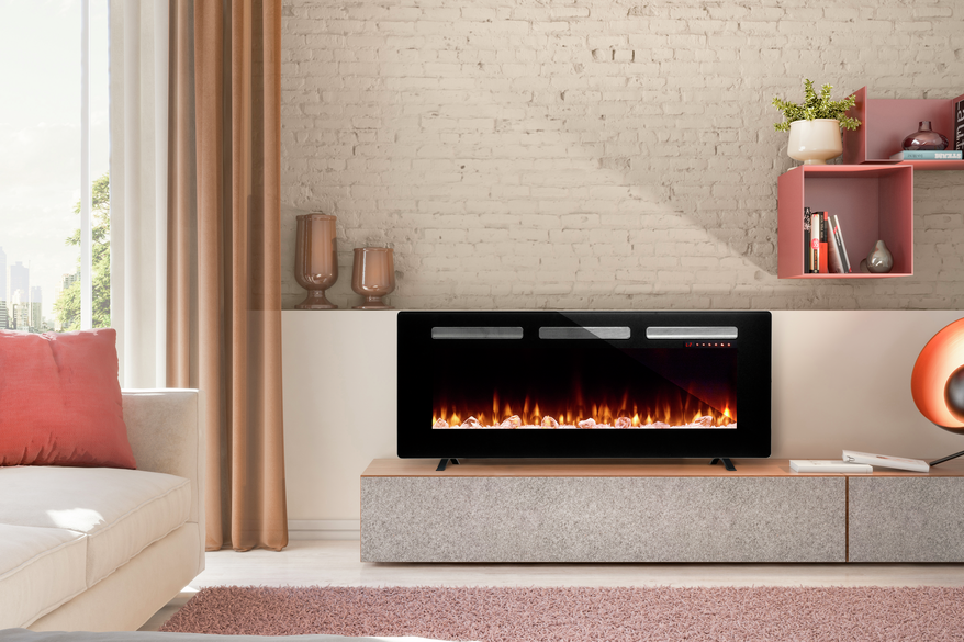 Dimplex Sierra 48" wall fireplace with glowing flames and crystals, freestanding on a modern media unit.