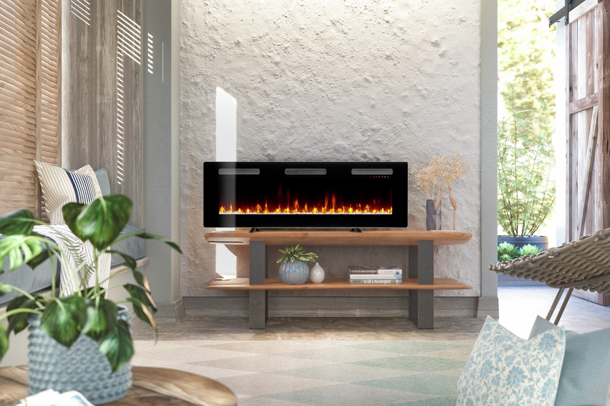 Dimplex Sierra 60" wall fire with glowing flames on a wooden console in a bright living room setting
