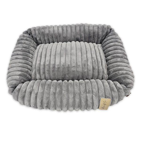 Grey plush velvet dog bed with non-slip base and removable cover, available in 3 sizes | Keans Claremorris