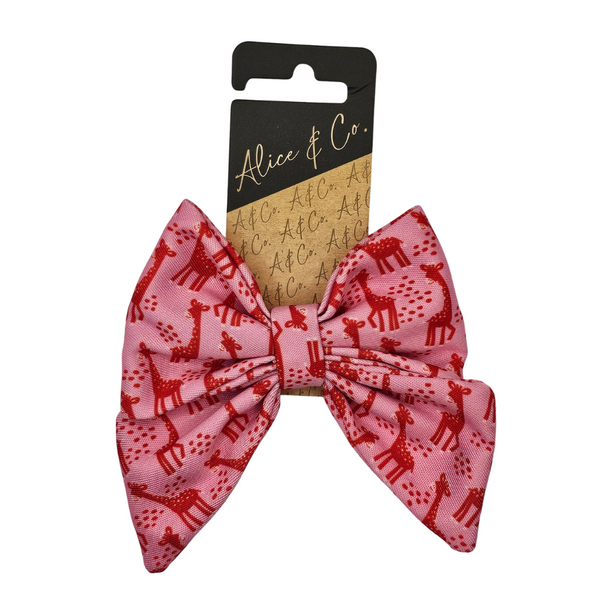 Dog Bow Sailor Bow in pink-red giraffe print, adjustable polyester, 10x11cm, stylish pet accessory – Keans Claremorris