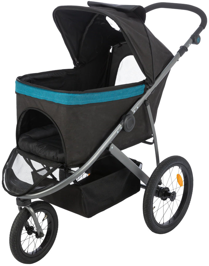 Dog Buggy with large air-filled tires, 360° front wheel, parking brake, removable cushion, black/petrol – Keans Claremorris