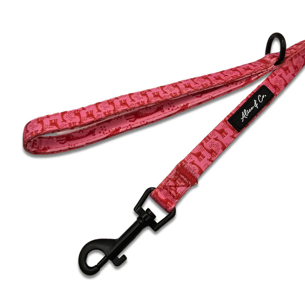 Dog lead and cat lead with pink giraffe print, padded neoprene handle, safety lock clip, and D-ring by Keans Claremorris.