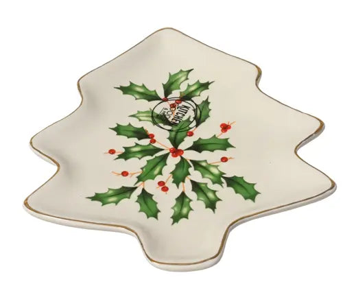 Dolomite Holly Christmas Tree Plate – Green with Gold Trim (15cm) Keans Claremorris