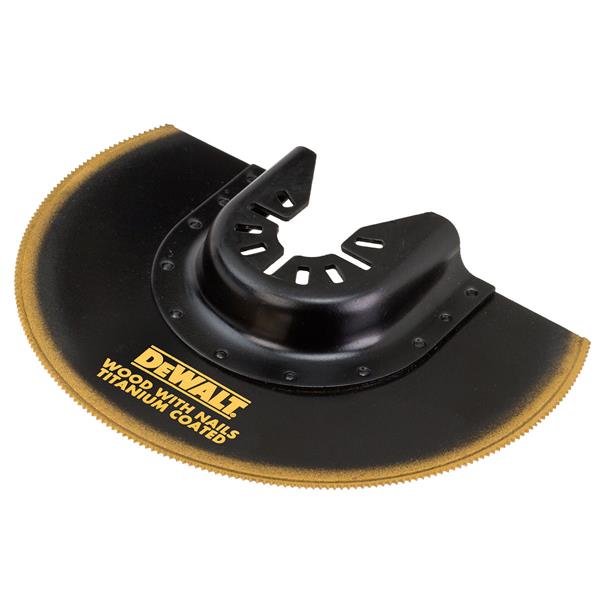 DeWalt DT20761 oscillating blade with titanium-coated teeth, designed for cutting wood with nails.
