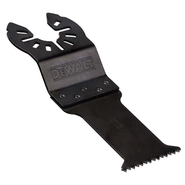 Single black DeWalt oscillating saw blade with teeth and mounting holes, part of a 5-piece set.