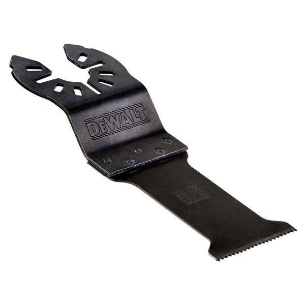 Single black DeWalt oscillating blade with teeth and mounting holes, part of a 5-piece set.