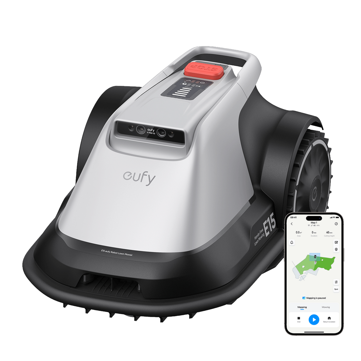 Eufy E15 robot lawn mower in white and black with red stop button and smartphone showing app control interface
