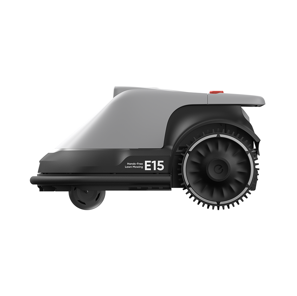 Side view of the Eufy E15 T2880VA1 robot lawn mower in gray and black with large rear wheel and small front wheel.