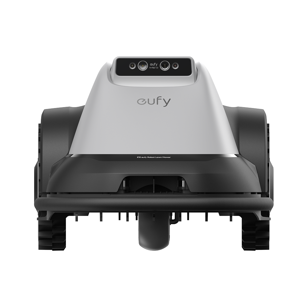 Front view of the Eufy E15 T2880VA1 Robot Lawn Mower showing its sensors and compact design.