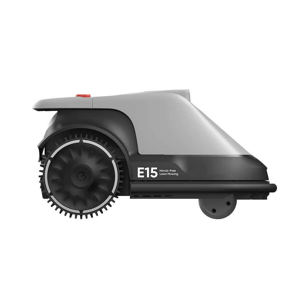 Side view of the Eufy E15 T2880VA1 robot lawn mower with large rear wheel and gray body.