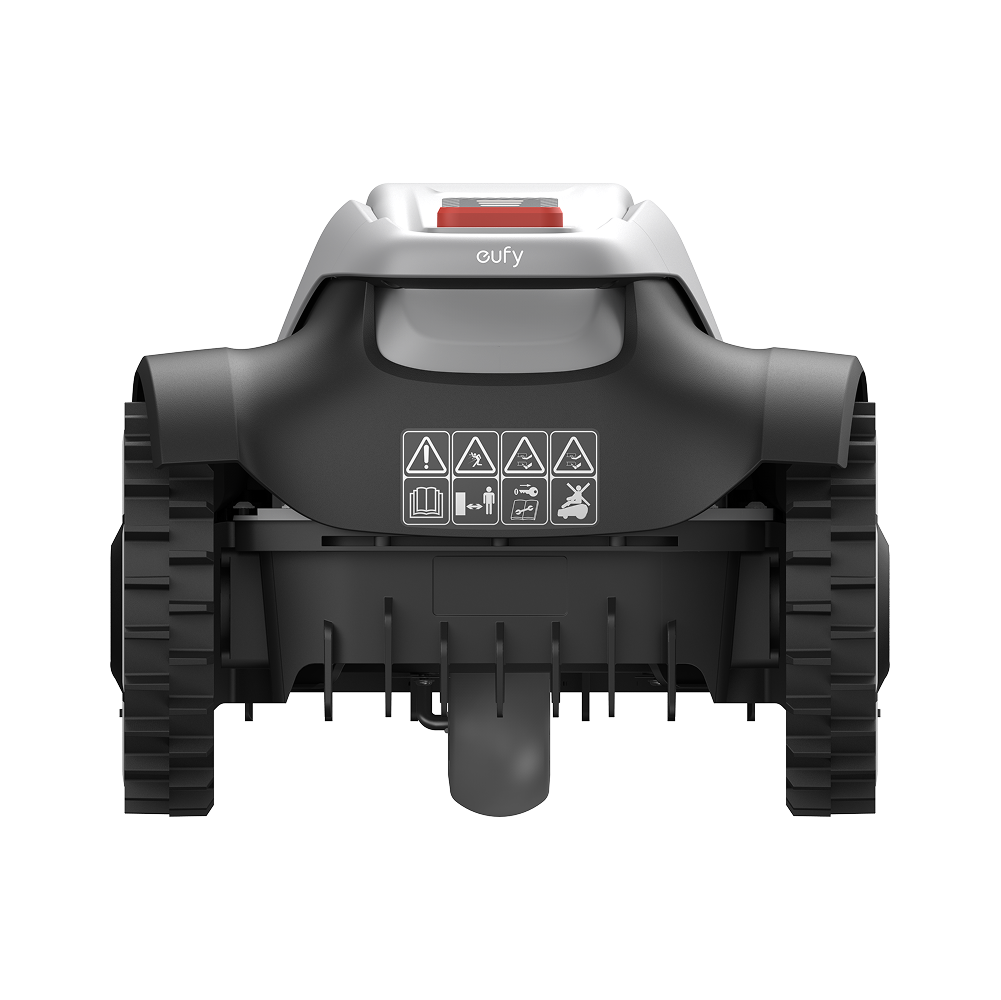 Rear view of the Eufy E15 T2880VA1 robot lawn mower showing warning labels and treaded wheels.
