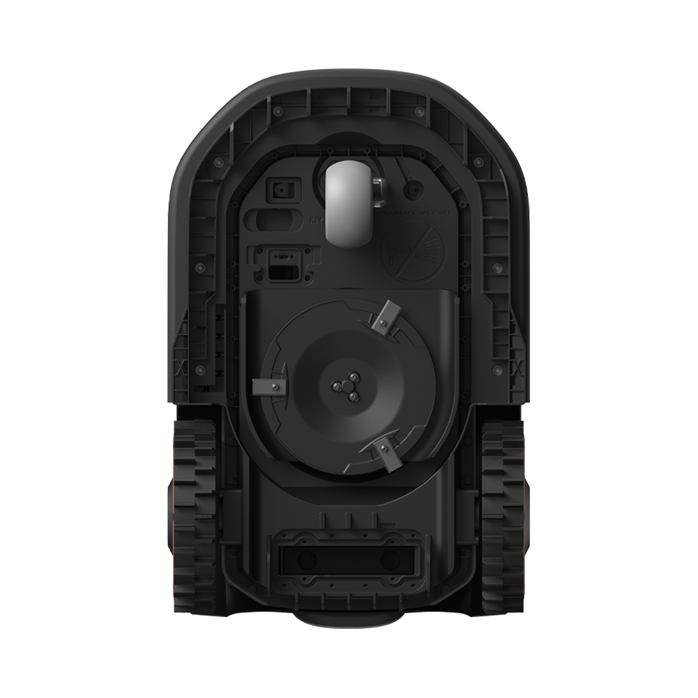 Underside view of the Eufy E15 T2880VA1 robot lawn mower showing blades and wheels.