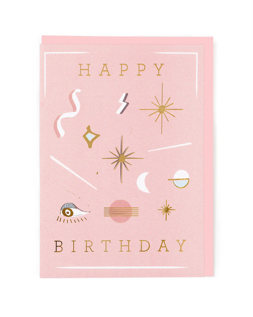 CT (Type & Story) Birthday Night Sky Pink card with gold foil stars, moon, eye, and "Happy Birthday" text on pink background