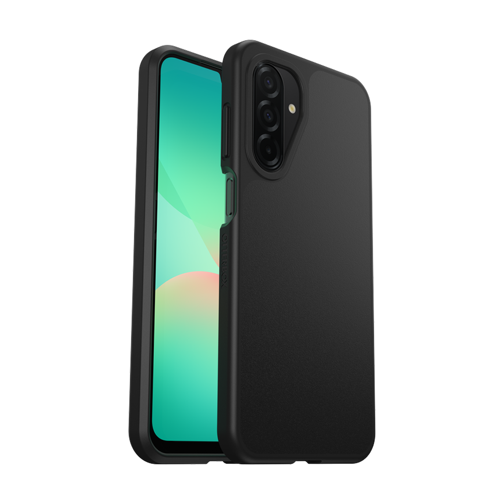 Black Otterbox React slim protective case on Samsung Galaxy A26 5G shown from front and back angles.