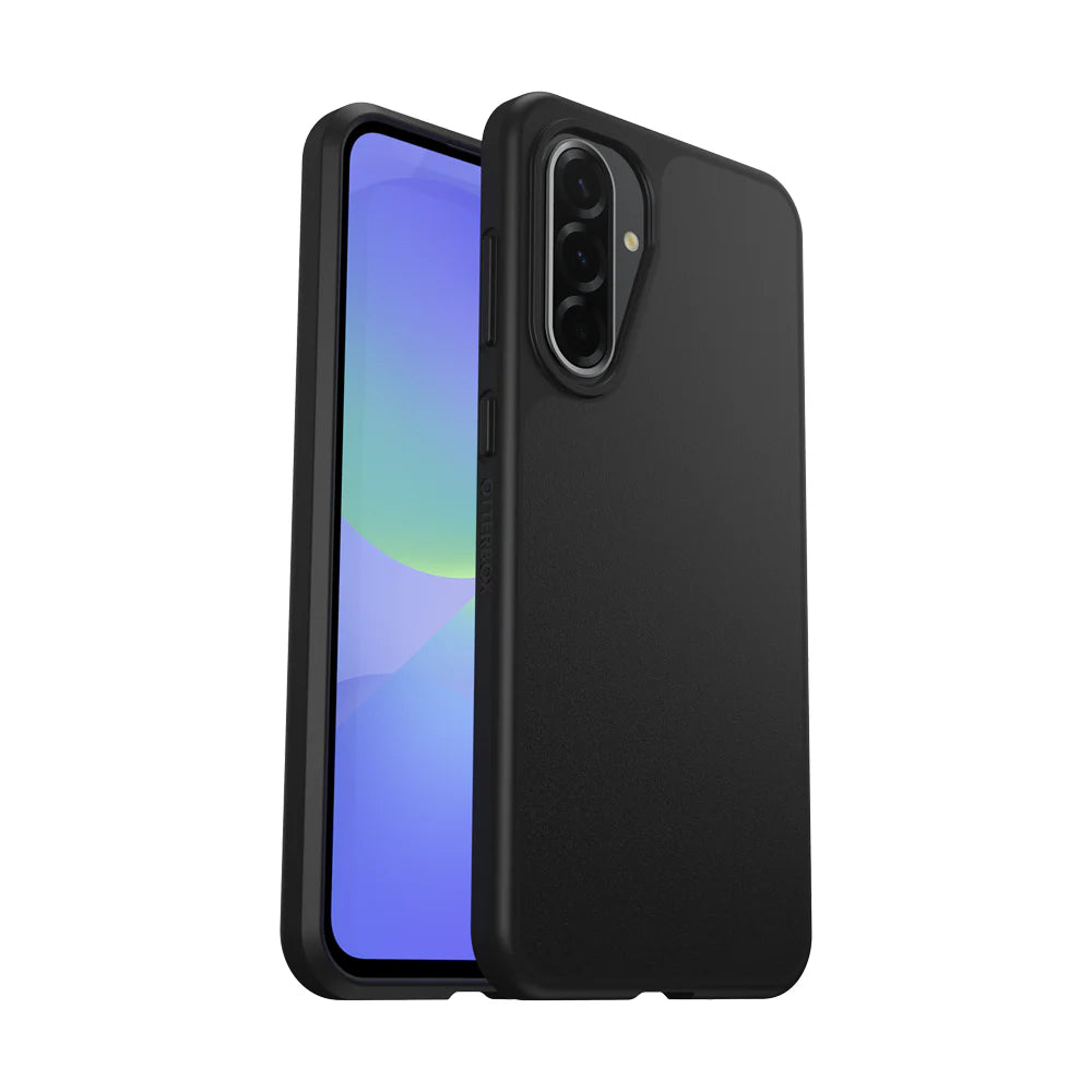 Black OtterBox React Series slim protective case on Samsung Galaxy A36 showing front and back with camera cutout.